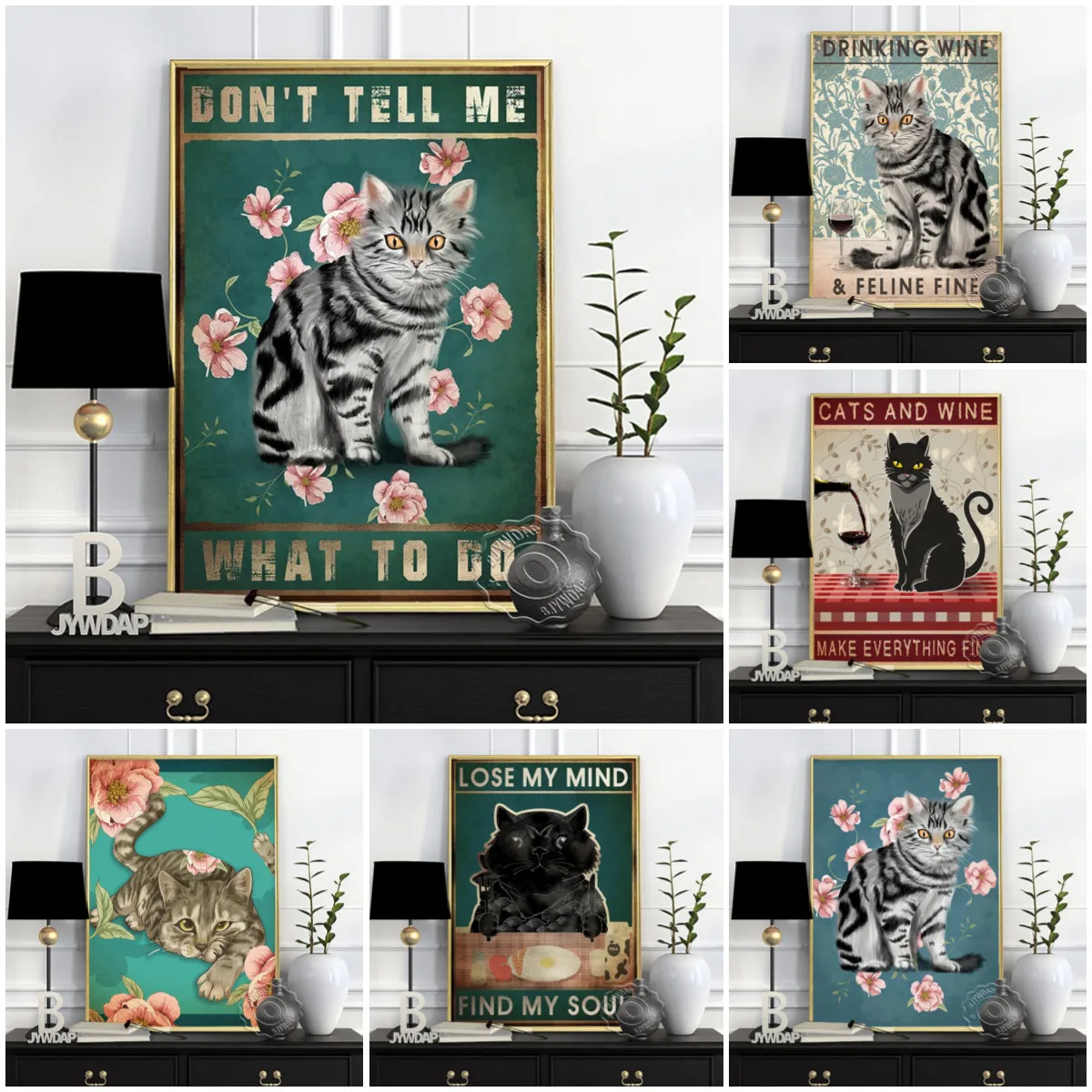 

Cat Floral Leaf Wine Prints Poster, Animals Plant Art Prints, Vintage Cute Funy Home Restaurant Bedroom Kids Room Decor Gift