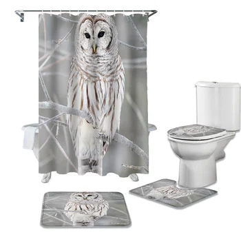 

Winter Owl Branches Gray Shower Curtains Set Bathroom Waterproof Shower Curtain Bathroom Set with Shower Curtain and Rugs