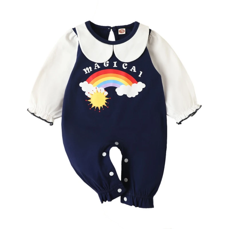

Bobora Autumn Baby Boy Clothes Infant Baby Ruffled Long Sleeve Romper Newborn Rainbow Print Doll Collar Jumpsuit Bodysuit 18M-5T