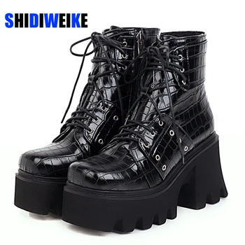 

Black Boots Women Heel Spring Autumn Lace-up Soft Leather Platform Shoes Woman Party Ankle Boots High Heels Punk plus size 44
