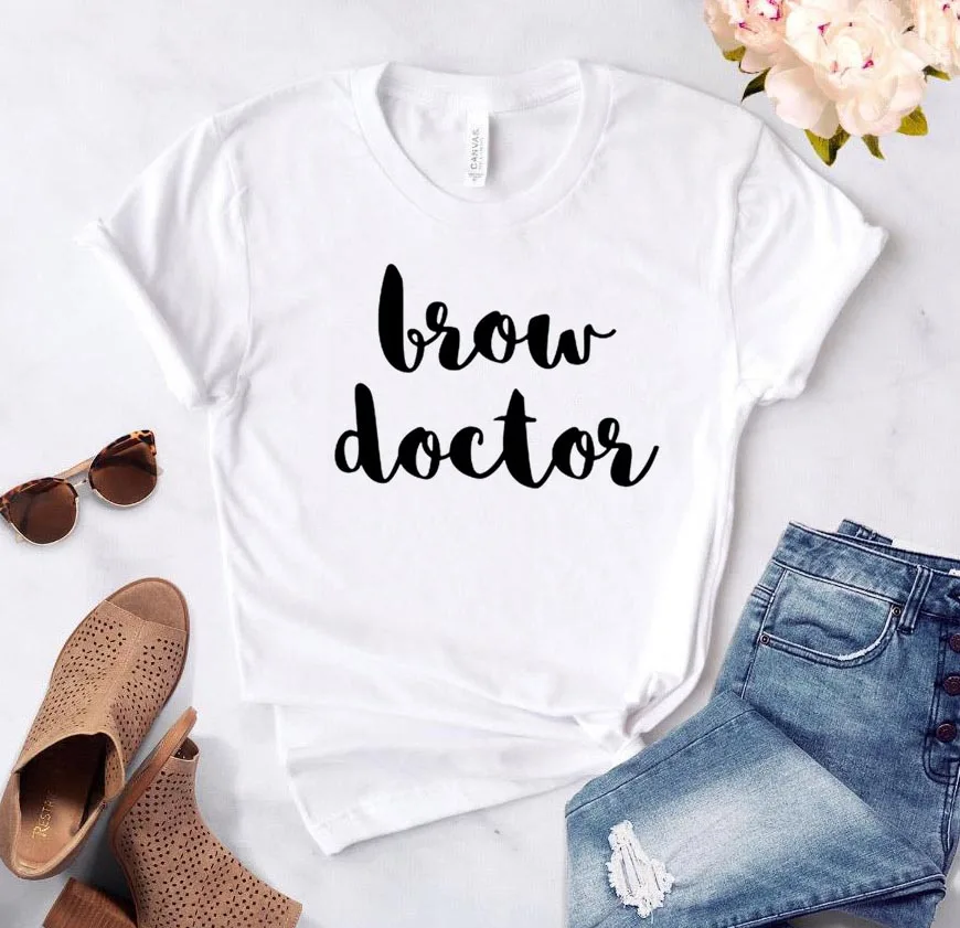 White Brow Doctor Print Женская футболка смешные изделия из хлопка футболка для леди Йонг Девушка Топ тройник хипстер 6 цветов Прямая поставка тройники - Цвет: White