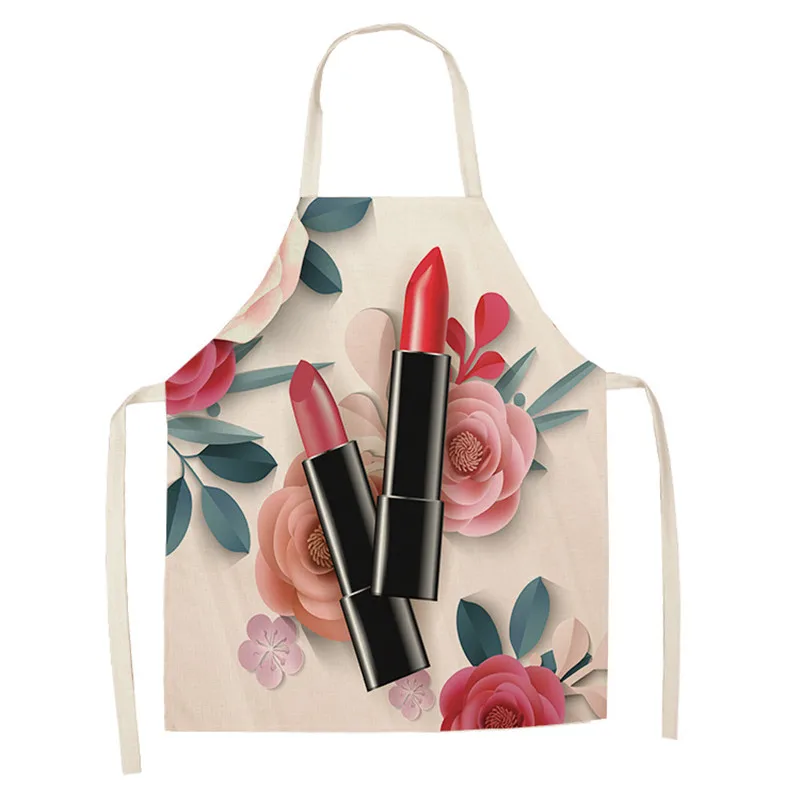 Nail Makeup Studio 1Pcs Pink LipsticK and Nail Polish Print Aprons for Women Cotton Linen Bibs Household Cleaning Home Cooking