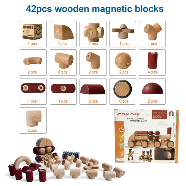 Magplayer 42PCS Preschool Magnetic Wooden Blocks Blocos De Madeira Educational Toys for Children Best Birthday Gifts 2