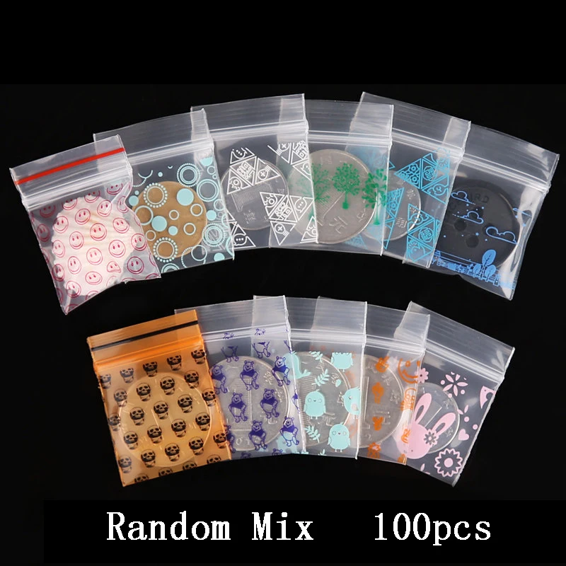 100pcs Random Mix Ziplock Pill Jewelry Packaging Plastic Pouches