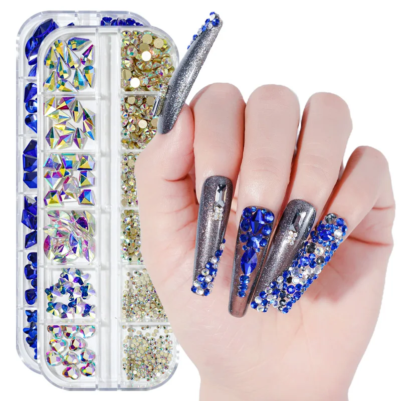 12Grids/Set Crystal Rhinestone Diamond Gems 3D Glitter Nail Art Decoration  Tool