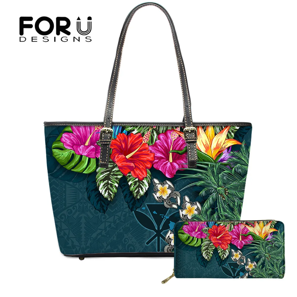 

FOURDESIGNS New Arrival Lady PU Handbag And Purse Set Hawaii Hibiscus Floral With Turtle Printing Brand Designer Women Tote Bag