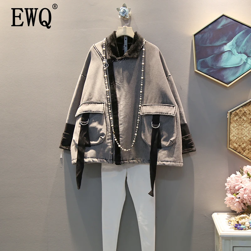 

[EWQ] 2020 Autumn Winter New Pattern Lapel Long Sleeve Plus Velvet Denim Patchwork Zipper Vintage Jacket Women AH92502