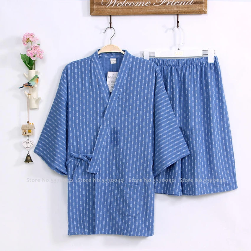 Мужские японские кимоно купальный халат сауна спа юката Haori Aodai домашняя ночная рубашка Hanfu хлопок Мягкий пижамный комплект футболка Топы Брюки - Color: Short set1