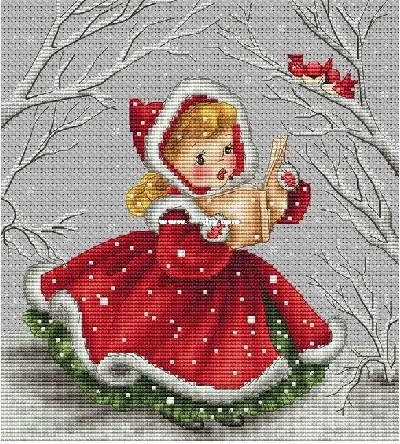 Counted Cross Stitch Kit Chanson de Noel Christmas Song Little Red Riding Hood Reading and Birds in Snow Winter Day