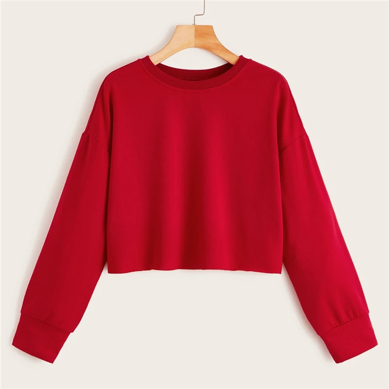 SHEIN Drop Shoulder Raw Hem Crop Sweatshirt Solid Pullover Women Summer Autumn Long Sleeve Round Neck Basic Casual Sweatshirts