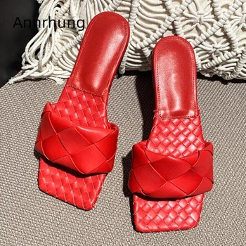 

Big Plaited One-strap Flat Lazyman Mules Square Toe Open Toes Genuine Leather Knitted 2020 Summer Slim Slippers Women