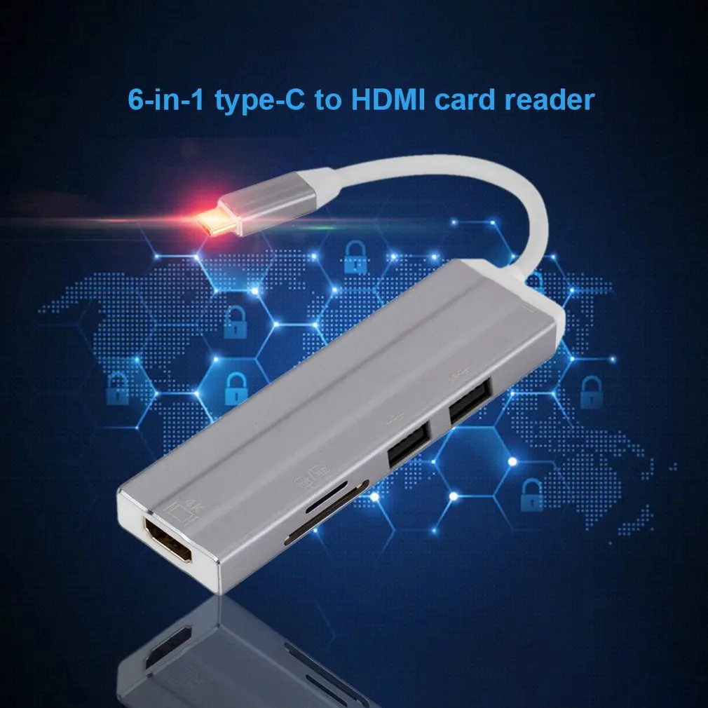 Считыватель карт type-C концентратор 6 в 1 type-C в Hdmi с Tf безопасной цифровой считыватель карт памяти зарядка PD