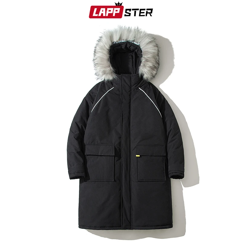 LAPPSTER Men Harajuku Thick Winter Long Jackets Coat Mens Japanese Streetwear Fur Hooded Parka Windbreaker Long Coat INS