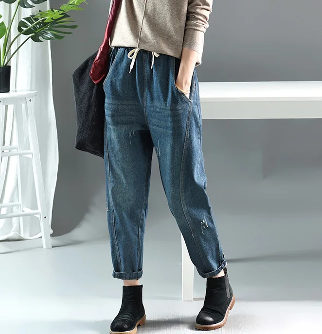 Синий Women Bleached Scratched Denim Pants Jeans Female Elastic Waist Patchwork Jeans Denim Trousers Autumn Spring Jeans - Цвет: Синий