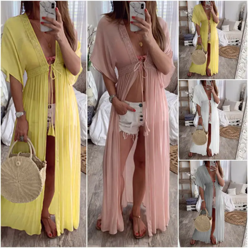 

Sexy Bikini Cover Up Women Beach Dress 2019 Swimwear Chiffon Floral Lace Crochet Bathing Suit Maxi Dress Bandage Kimono Cardigan