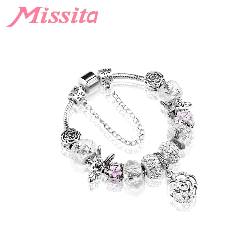 MISSITA Fashion Bracelet for Women Silver Charm Bracelet with Rose Pendant String Decoration Anniversary Gift pulseras mujer - Metal Color: AA0105