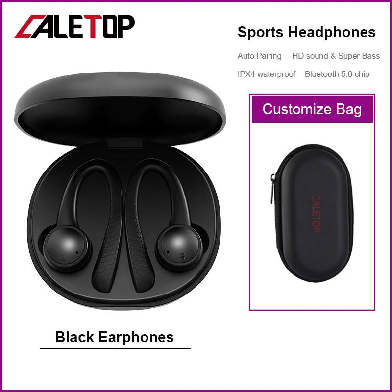 Black with case True Wireless Sports Earphones Bluetooth Earbuds Running Headsets For Xiaomi For Huawei Earphones with Microphone Ear Hook - Цвет: Black with case