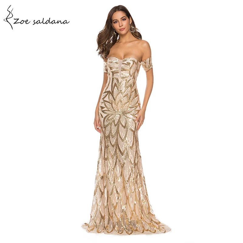 

Zoe Saldana Evening Party Dresses sequins slash neck off the shoulder trumpet mermaid Banquet Dress Prom Gowns Robe De Soiree