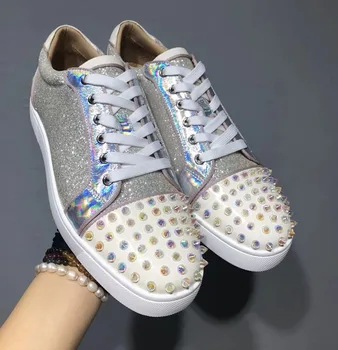 

Red Bottom Shoes for Women Bling Rivet Decor Casual Shoes Women Outdoor Breathable Lace-up Flat Shoes Women Comfortable Fashion