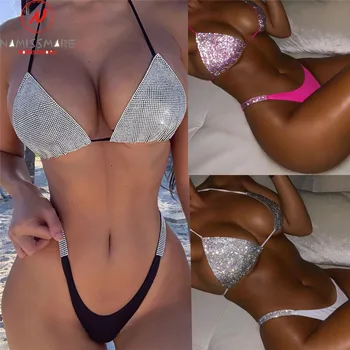 

Women Summer Beach Swim Two Piece Bikini Set Patchwork Design Diamond Decor Halter Sleeveless Backless Top+Low Waist Briefs