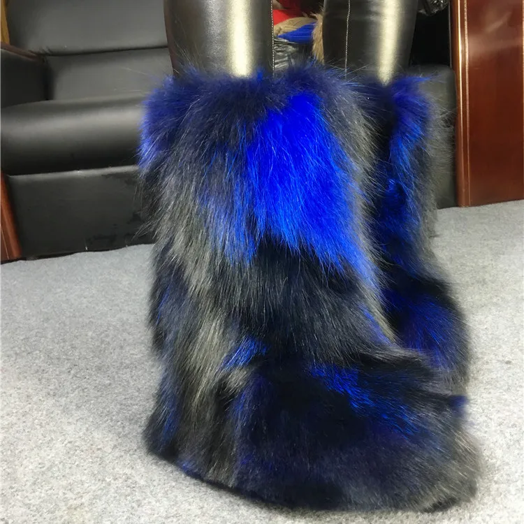 

2018 New Winter Handmade Fox Fur Blue Snow Boots Double Color Botas Mujer Height Increasing Snow Boots Shoes