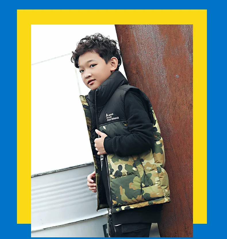 Childrenswear Camouflage Down Feather Cotton Vest Winter New Style Europe And America BOY'S Stand Collar Vest Big Boy Mixed Colo