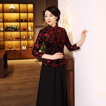 

New Arrival Chinese Tradition Women's Blouse Velour Shirt Tops Autumn Printing Clothing Flower Plus Size M L XL XXL 3XL 4XL 5XL