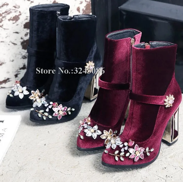 New Velvet Birdcage Heel Crystal Ankle Boots Women String Bead Strange
Style Heel Rhinestone Short Boots Lady Wine Red Booties