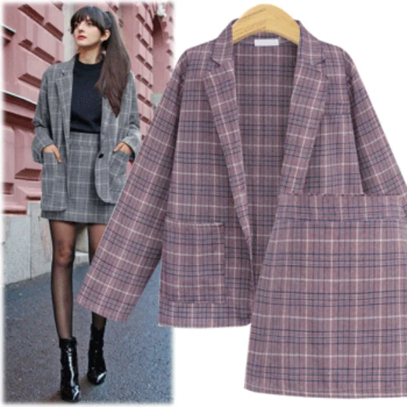 CINESSD 2 Pieces Sets Office Skirt Suits Women Autumn Single Button Notched Plaid Blazer Jackets Slim Mini Skirts Plus Size 4XL CINESSD 2 Pieces Sets Office Skirt Suits Women Autumn Single Button Notched Plaid Blazer Jackets Slim Mini Skirts Plus Size 4XL