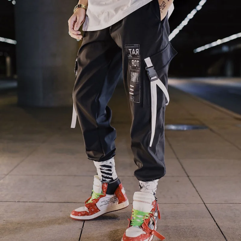 Hip Hop Ribbons Cargo Pants Men Joggers Pants Streetwear Men Fashion Mens Elastic Waist Pant Ribbons Cotton Black