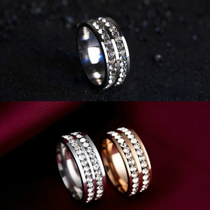 Роскошные женские классические кольца из карбида шелка, модные мужские двухрядные стразы, титановая сталь, обручальное Ювелирное кольцо