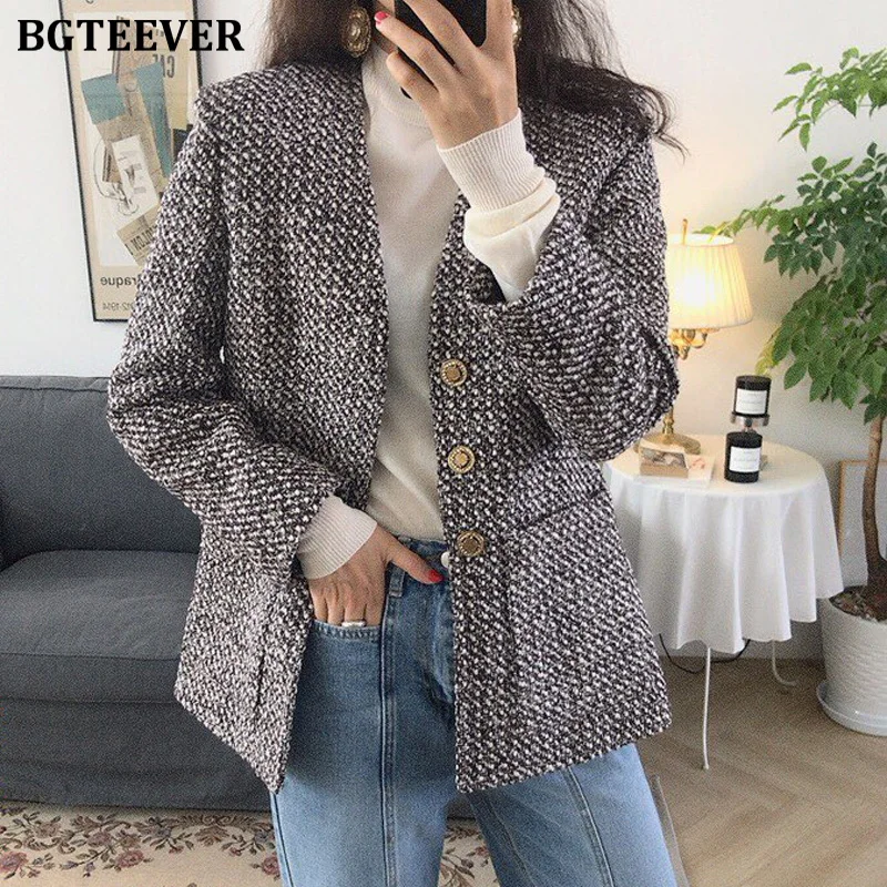 BGTEEVER, Ретро стиль, корейский стиль, v-образный вырез, женские пальто, грубая твид, однобортные, женские зимние пальто, верхняя одежда, уличная одежда, женские куртки