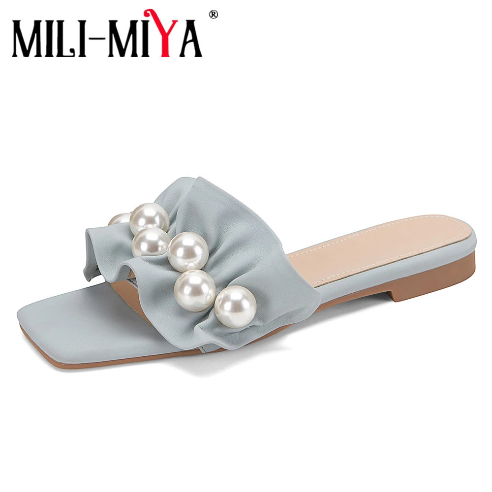 MILI MIYA elegantes con volantes y perlas para mujer, Sandalias planas con cuentas de color abierta cuadrada, cómodas, zapatos de vestir de fiesta de verano|Sandalias mujer| - AliExpress