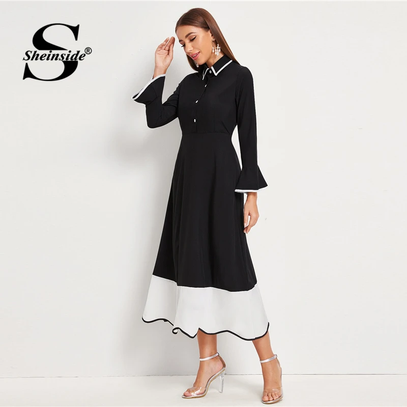 Sheinside, контрастное облегающее ТРАПЕЦИЕВИДНОЕ женское платье, осень, элегантное платье миди с рукавами-воланами, женское черное лоскутное платье