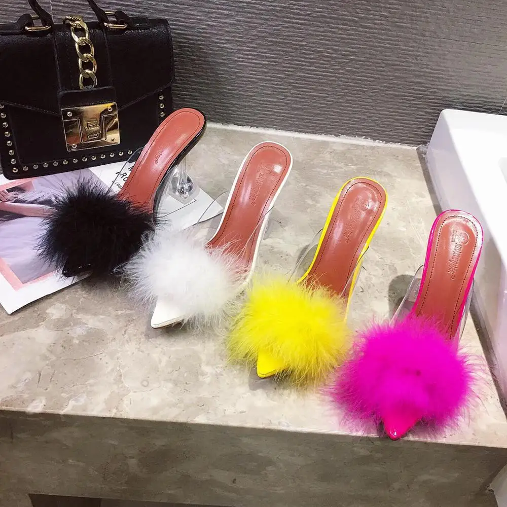 

Fashion 2020 New Women Fur Rubber Slippers Clear High Heels Slip On Mules Shoes Pointed Toe Colorful Slides Big Size 35-41