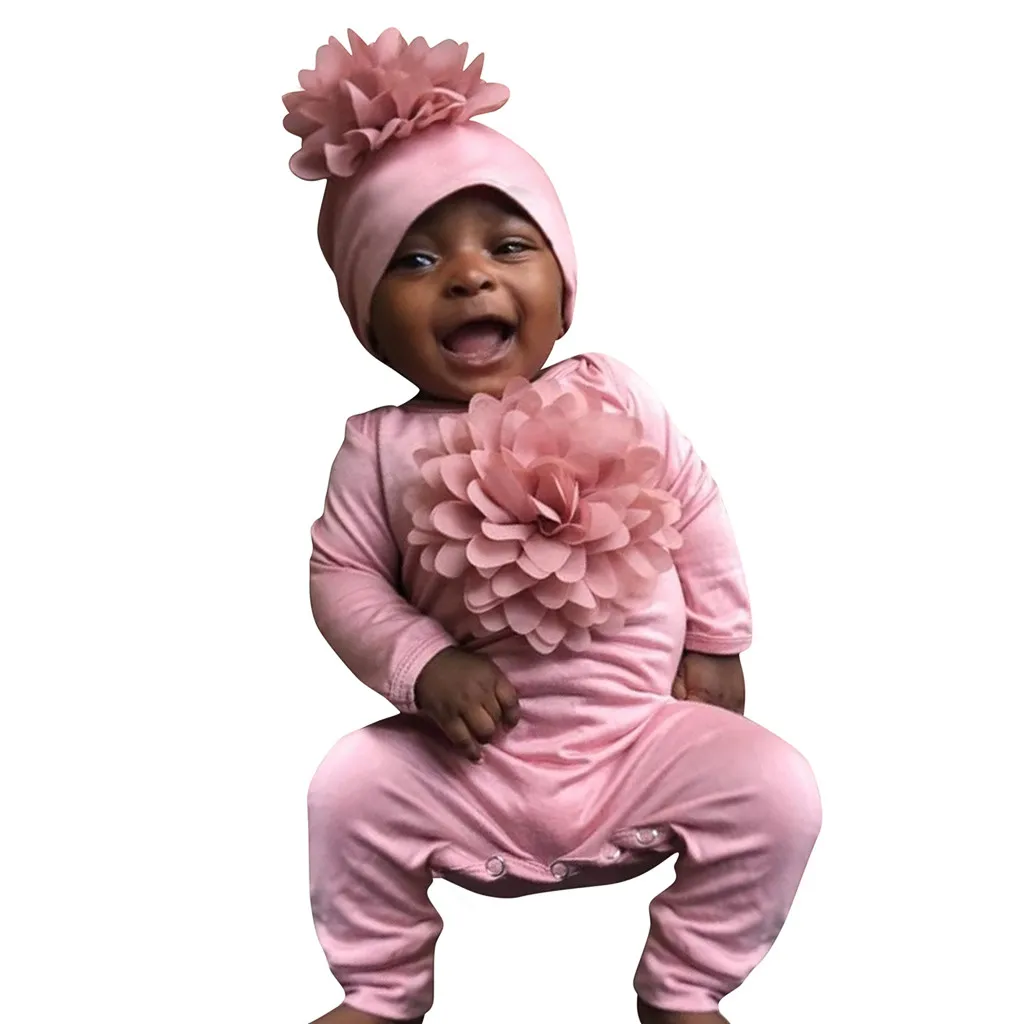 Newborn baby girl clothes Toddler Kids baby Girls Boys 3D Flower Fashion Long Sleeve Solid Pink Romper+Sweet Cap baby Outfit Set