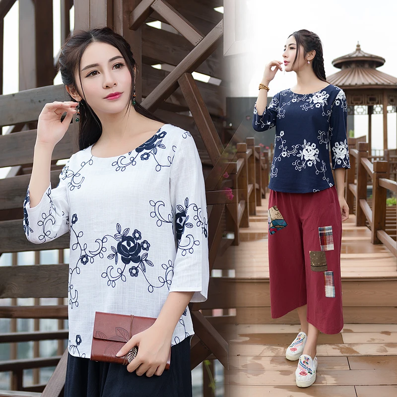 

Spring new ethnic cotton and linen embroidered T-shirt women's casual large-size dresses with 7-minute sleeves