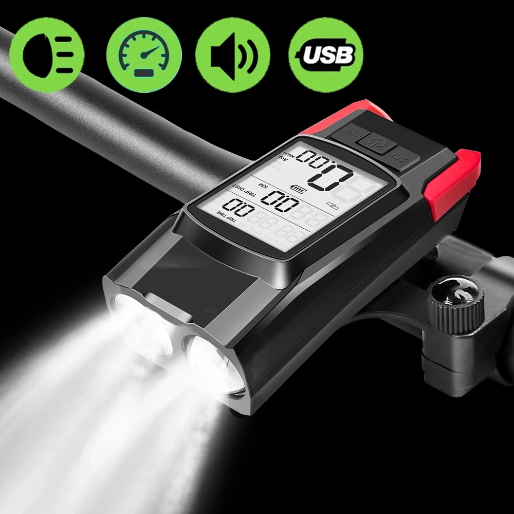 

LED Flashlight for Bicycle USB Bike Front Light Set Wireless Cycling Computer Odometer Horn 3 In 1 Headlight Speaker Speedometer