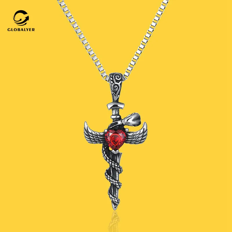 New domineering cross snake sword Men's pendant Hipster inlay red love crystal Wing titanium steel necklace birthday gifts | Украшения