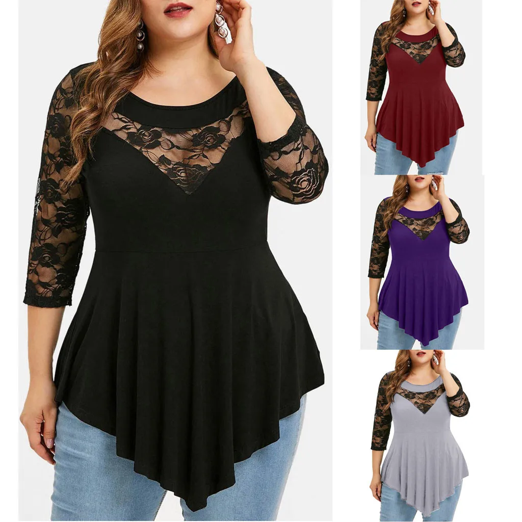 Fashion Sexy Tops Women 2021 Plus Size Ladies Solid Floral Lace O-Neck Asymmetric Three Quarter Tops Blouse Femme 1