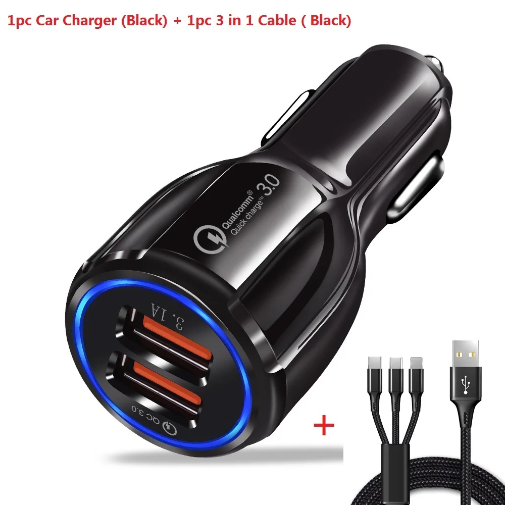 NOHON USB Автомобильное зарядное устройство для iPhone 11 Pro Max Android мобильный телефон Быстрая зарядка QC 3,0 Быстрая зарядка двойной USB Автомобильное зарядное устройство кабель - Тип штекера: Charger-Cable Black