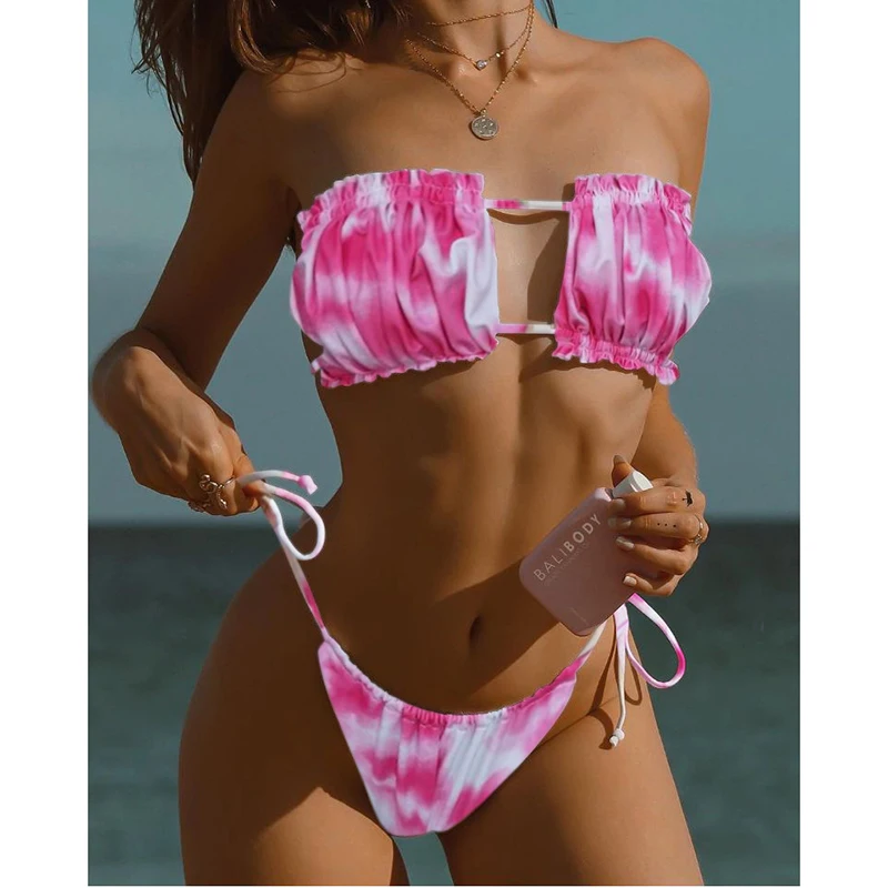 bikini set sale Sexy Solid Bikini 2021 Women Pleated Bandeau Swimsuit Female Low Waist Swimwear Women Beach Mini Thong Bikini Set Bathing Suit swimsuit