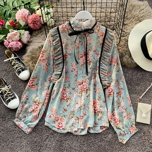 light blue Neploe, стоячий воротник с деревянными ушками, шифоновая рубашка с длинным рукавом, на шнуровке, бант, дизайн, складка, Blusas, осень, весна, для отдыха, Пляжная рубашка, 48169 - Цвет: light blue