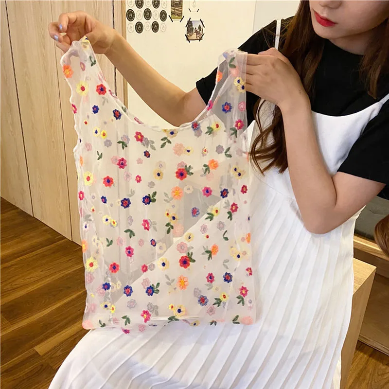 

New flower embroidery ladies handbag summer transparent beach bag leisure large-capacity handbag mesh shopping bag Women handbag