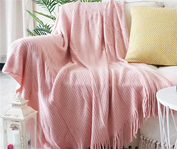Скандинавское цельное одеяло с геометрическим рисунком для дивана-кровати, Вязаные чехлы для полотенец, кобертор, кисточка, многофункциональные одеяла Koc - Цвет: Light Pink