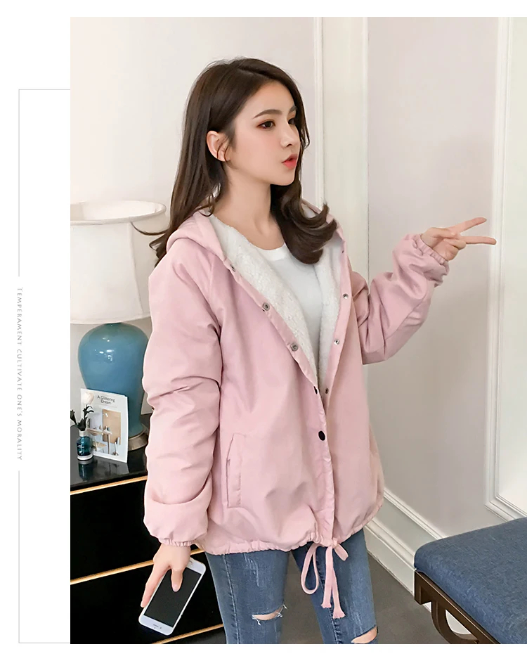 New Style Korean-style Loose-Fit Students Printed Brushed And Thick Hooded Mid-length Lambs Wool Coat Tops
