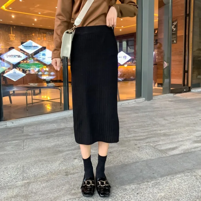 

Autumn Korean-style High-waisted Knitted Skirt Mid-length Slit A- line Skirt Women's