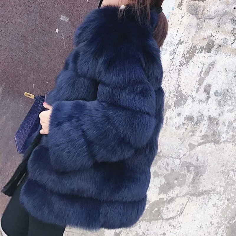 Модные женские пальто из искусственного меха зимние толстые теплые куртки лохматый мех лисы пальто Верхняя одежда для женщин - Цвет: navy faux fur coat