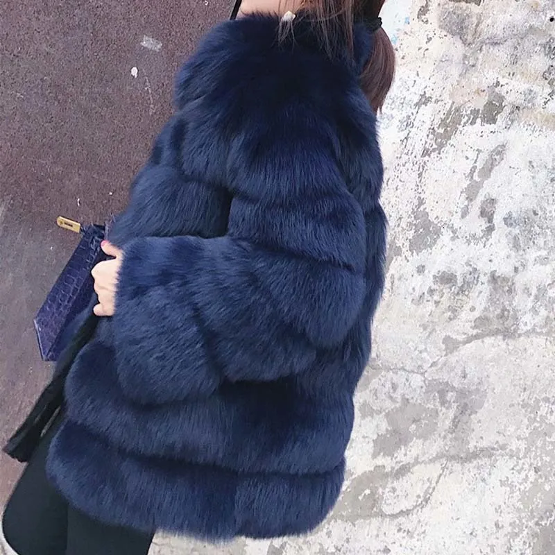 navy faux fur coat Модные женские пальто из искусственного меха зимние толстые теплые куртки лохматый мех лисы пальто Верхняя одежда для женщин - Цвет: navy faux fur coat