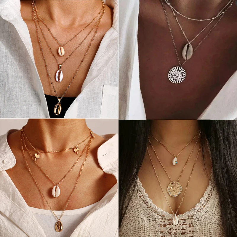 

Boho Shell Coin Pendant Necklace for Women Long Chain Round Charm Statement Choker Necklace 2019 Collares Wedding Jewelry